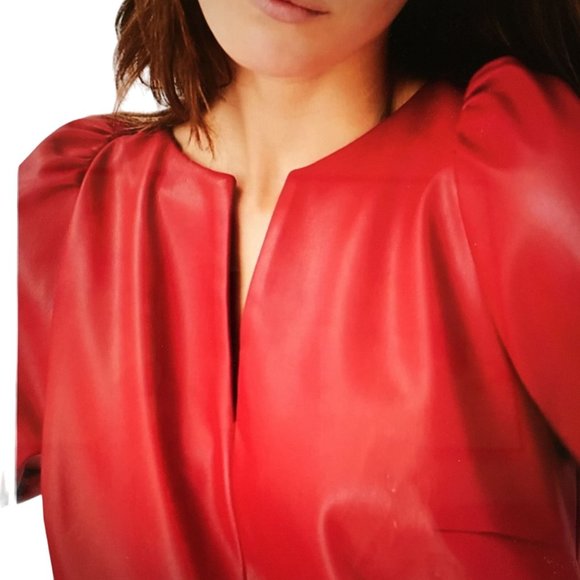 Ann Taylor 8 Red Faux Leather Drop Waist Peplum Shift Dress - Picture 3 of 8